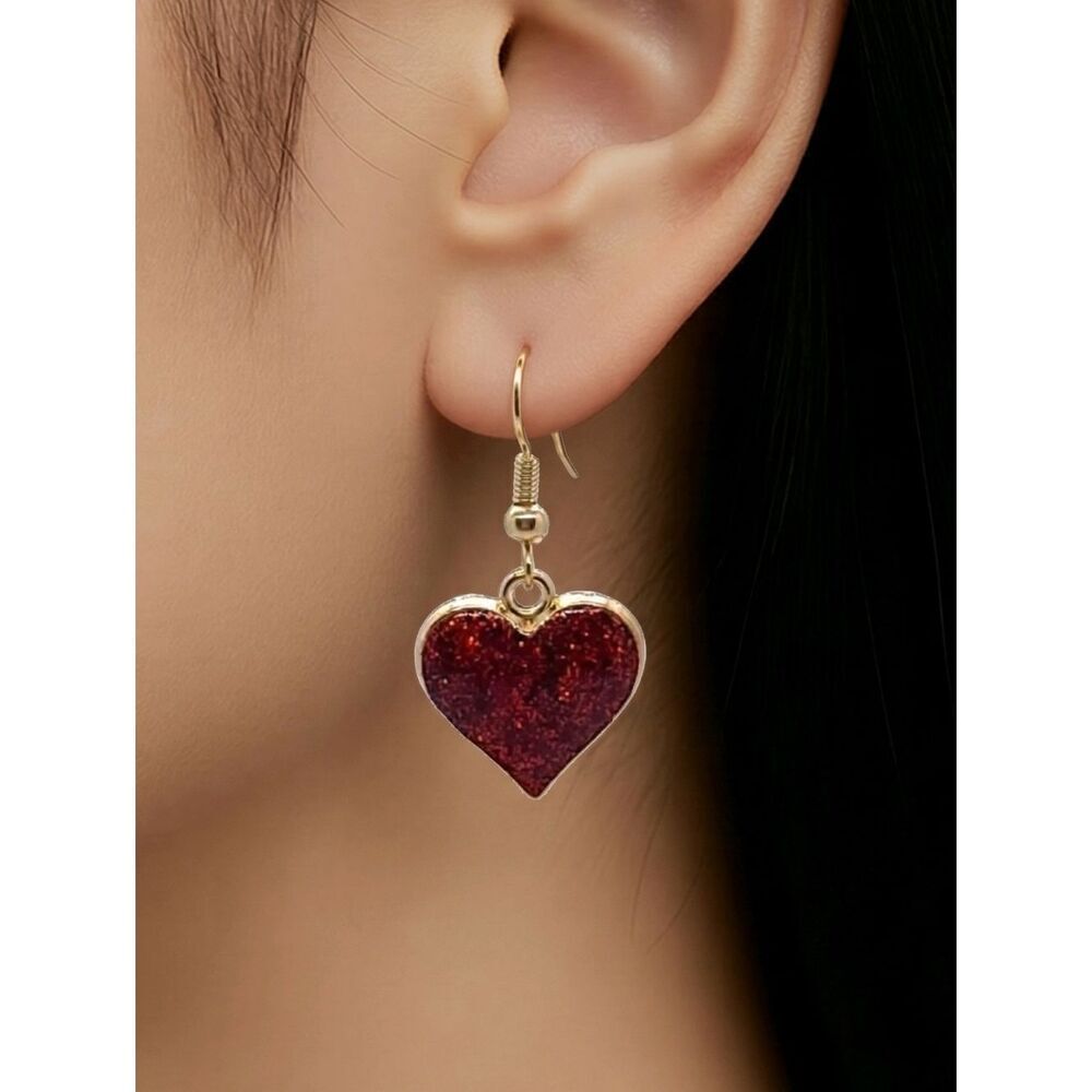 Sparkly Red Glitter Heart Dangle Earrings Soft Girl Valentine Gold Jewelry NWT